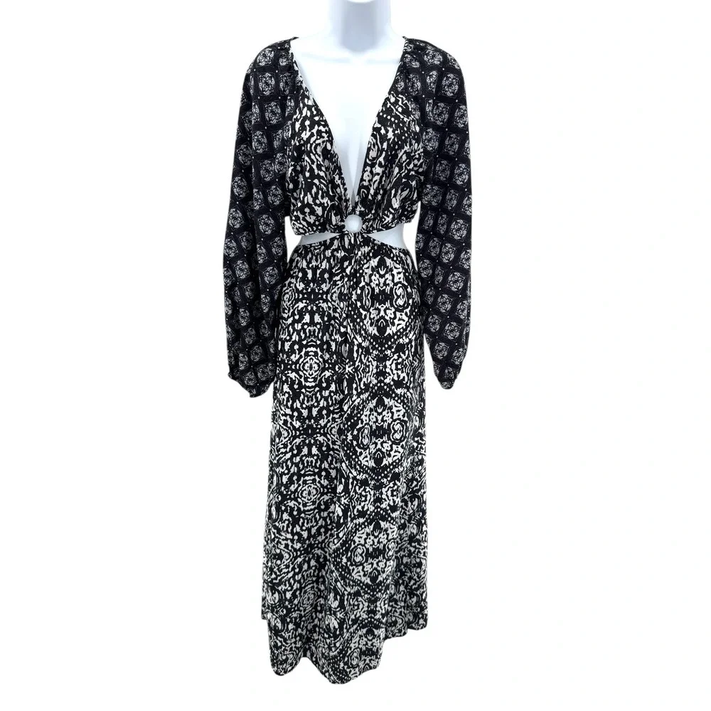 Abercrombie & Fitch Black White Boho Ring Cutout Maxi Dress LP Long Sleeve‎